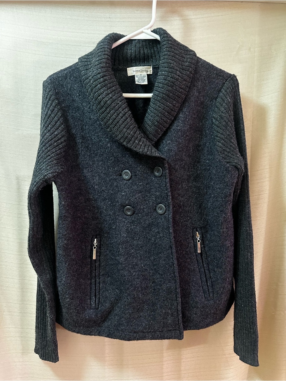 Linda Lucia Women’s Wool Double Breasted Knit Sleeve Sweater Jacket Medium